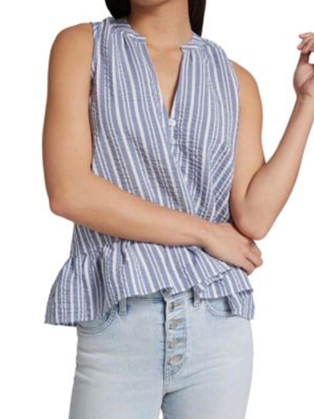 VERONICA BEARD JEANS Blue and White Striped Peplum Camisole